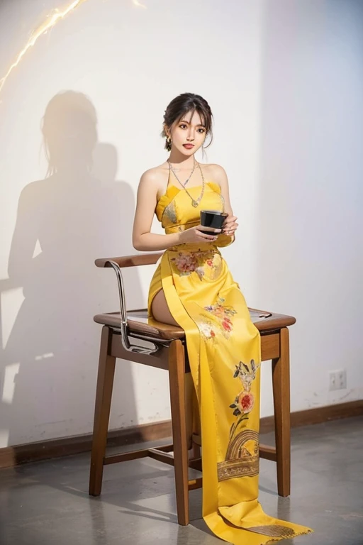 araffe woman sitting on a table in a yellow dress, wearing wheat yellow gauze, lady using yellow dress, classy yukata clothing, summer, with yellow cloths, yellow robe, long beautiful flowing kimono, japanese clothes, wearing a long flowery dress, 2 0 2 0 fashion, kimono, yukata clothing, 2 0 1 0 s