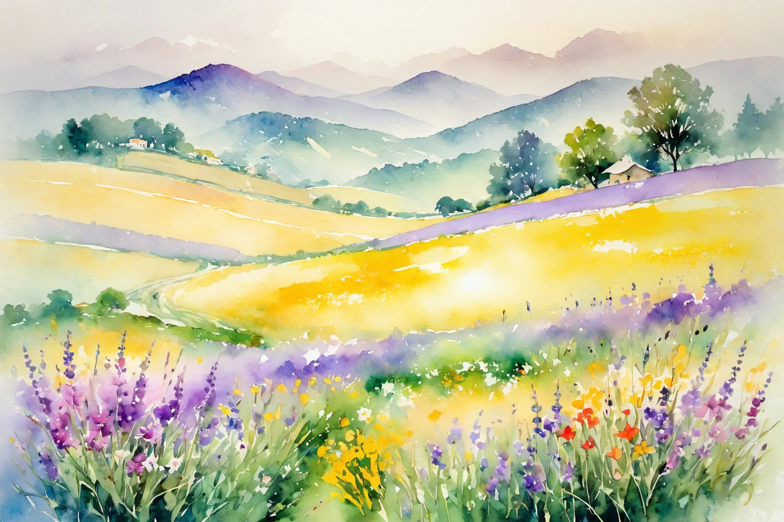 This watercolor flower painting presents an elegant and fresh visual effect。Wildflower and lavender fields，Forming the perfect combination of nature and romance。The screen is dominated by a white background，Highlight isolated watercolor flower。Splash technology recreates wet conditions，The atmosphere seems vague and dreamy。The unique composition and abstract expression add to the artistic sense of the picture.，Contains elements of surrealism。The overall color tone is mainly light colors，Lilac and green complement each other beautifully，Show high-resolution details。The splash-ink effect adds a touch of agility to the picture，The light color gives the flowers a deep and restrained beauty.。