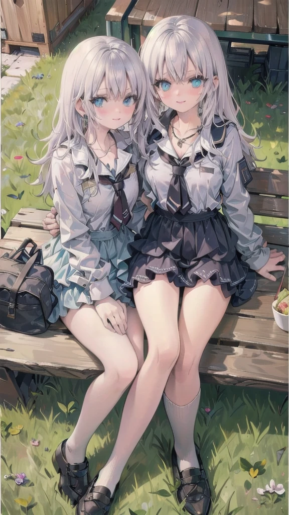(Table Top: 1.3), (Max Resolution: 1.2), (Ultra HDTV: 1.2), cinematic light, Ultra HDTV, (delicate eyes and skin), (detailed facial features), nffsw, 8K resolution, perfect style, beautiful face, acura, anatomically correct, very detailed face and skin texture, narrow eyes, dark blue eyes, double eyelids, fine eyebrows, glitter eyeliner: 1.2, natural cheeks, glowing skin, fair skin: 1.2, small shiny necklace and earrings, (glossy lips: 1.4), break, absurd, one person perspective, (she is a high school student), wearing high She is wearing a high . (high socks and black school shoes), (seductive shy smile: 1.2), (looking at viewer), (mature and beautiful girl: 1.3)), (layered hairstyle, messy hair), (long silver hair: 1. 2), one auburn hair on top, right hair held up with red braid, (full body shot: 1 .2), focus on face, ((very close relationship: 1.2)), large breasts under shirt and swaying chest, ((lunch break, sitting on bench in middle of lawn: 1.2)), ((school lunch break: 1.2)), (from directly above: 1.2))