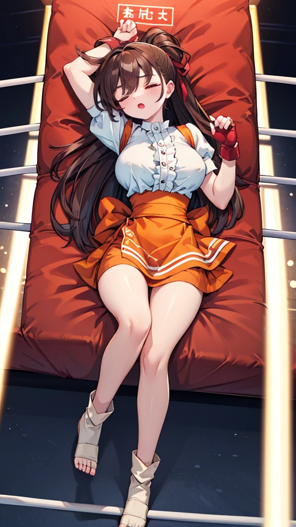 Highest quality，masterpiece，Lying down，sleep，(レスリングのリングにLying down, WWE Divas，Wrestling Arena，Wrestling ring background, Boxing ring background), 仰向けにsleep, Lack of stamina, Ryona, Hitting a girl, death is near，タケユカ 超ロングヘア ヘアribbon, Frilled shirt, Underbust, ribbon, Fingerless gloves, White gloves, Waist apron, Orange Skirt, socks, Toeless legwear，winner, Nice, winner, (Moaning , Open your mouth), ((, 仰向けにsleep, 地面にsleep, lose consciousness, Unconscious, )), , ( Tilt your head),