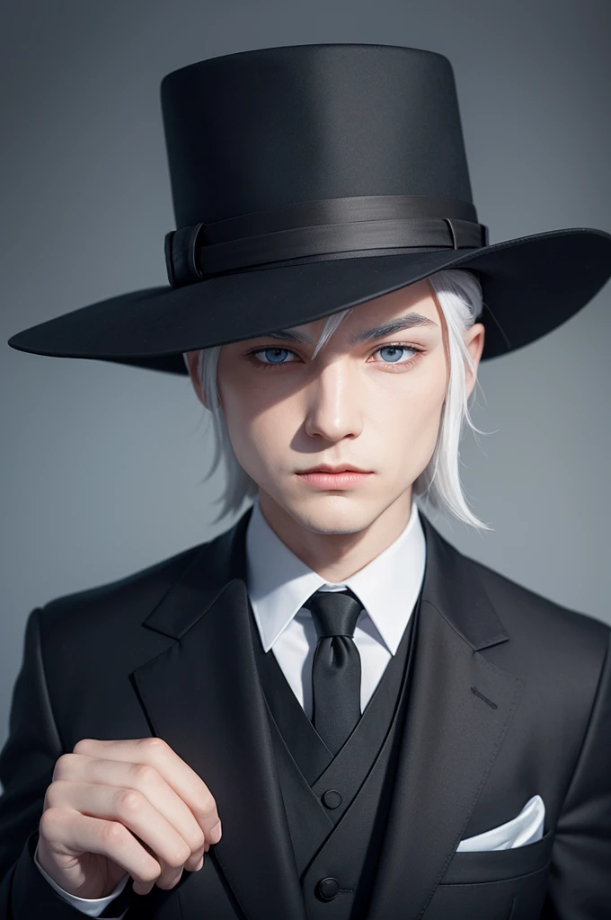 a character with skin as white as ice, a little bluish, with a black suit and tie and black dress pants, dark eyes, an orange nose and a magician's hat. Minecraft