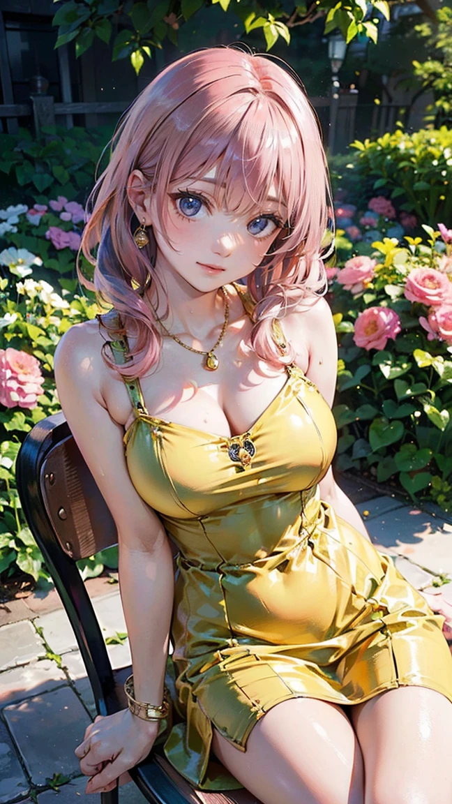 (Masterpiece, BestQuality:1.3), (ultra detailed:1.2), (hyperrealistic:1.3), (RAW photo:1.2), High detail RAW color photo, professional photograph, (Photorealistic:1.4), (realistic:1.4), professional lighting, perfect anatomy, (Big Breasts:1.2), (blush, detailed face), (cheerful Smile:1.5), (Pink Hair:1.5), Trending Hair&Trending Hairカラーをランダムに, earrings, necklace, bracelet, sexly, erotic sexly, Random sexy gravure poses, (A beautiful woman wearing a mustard yellow dress、Elegant smile at a garden party、Gold Bracelet、Pose of sitting on a chair and crossing your legs。: 1.3)