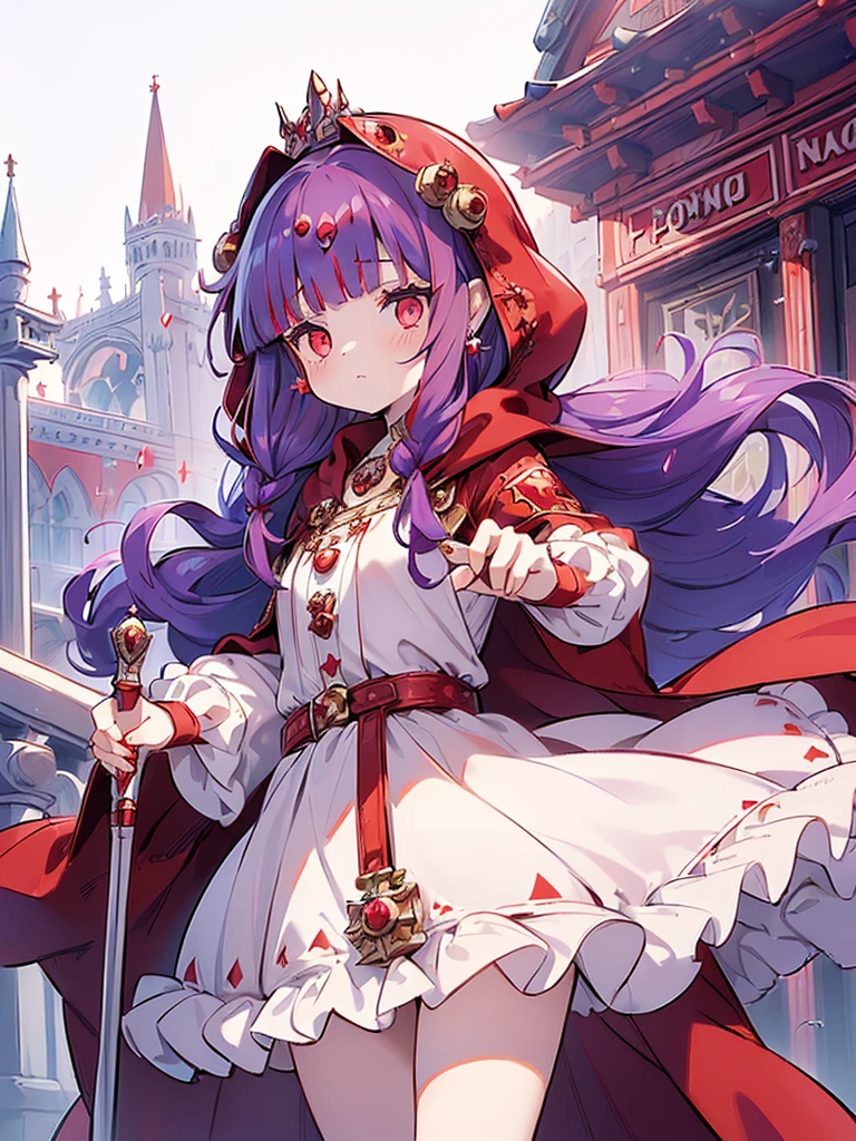 ((((Princess of Moonberg)))), ((1little girl)), ((drooing eyes)),(((deep purple hair))), ((Blunt bangs)), (Fluffy long hair), (Deep red eyes), Pearl earrings,
((((red hood)))), (Lotto emblem on hood), (((Red Stall))),  ((White robe with red edging)),  
Holding a magic staff in her left hand, cowboy shot,
Venice, Daytime, rainy day,