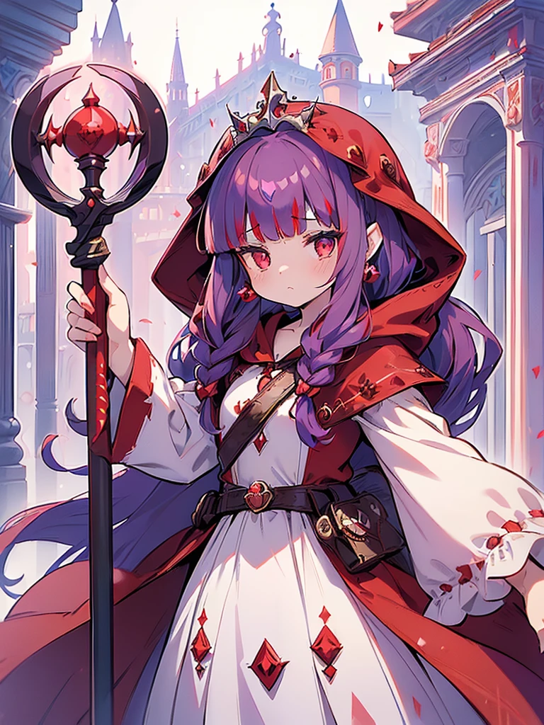 ((((Princess of Moonberg)))), ((1little girl)), ((drooing eyes)),(((deep purple hair))), ((Blunt bangs)), (Fluffy long hair), (Deep red eyes), Pearl earrings,
((((red hood)))), (Lotto emblem on hood), (((Red Stall))),  ((White robe with red edging)),  
Holding a magic staff in her left hand, cowboy shot,
Venice, Daytime, rainy day,