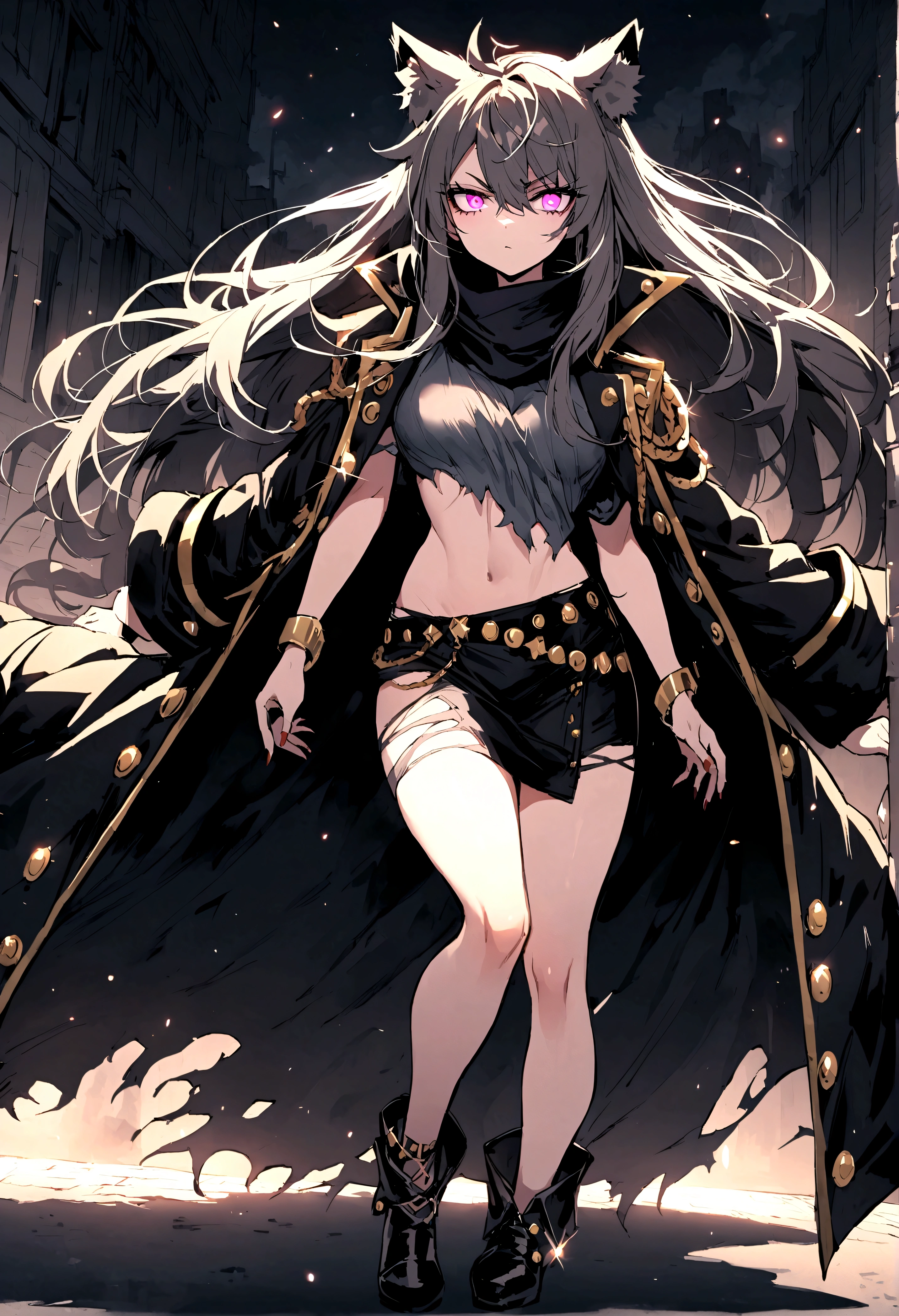 beautiful delinquent girl, ripped clothes style, long hair, face perfect, glare eyes, fully body, stellar outfit, animal ears