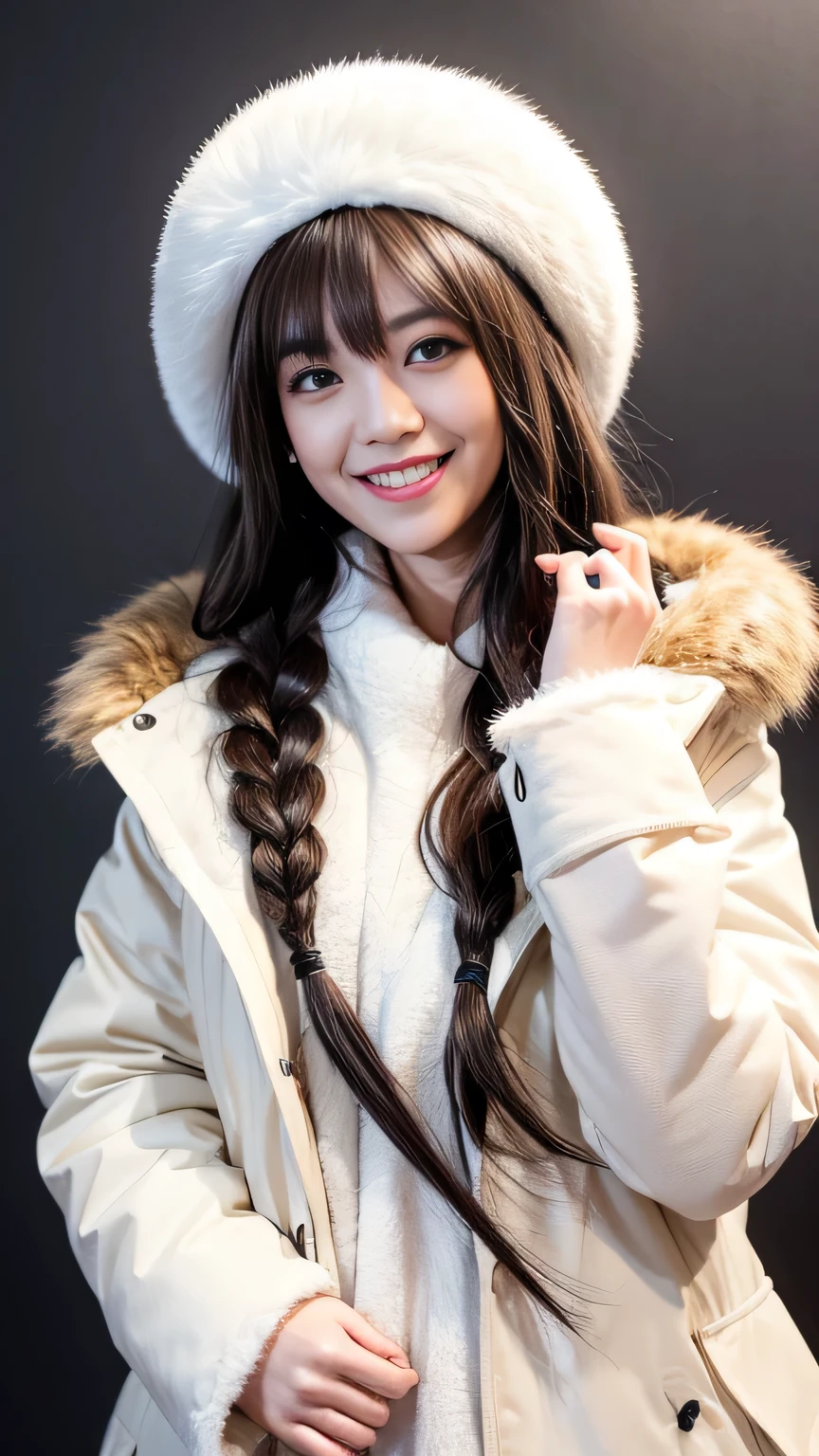 osaki amana, 1girl, hat, gloves, long hair, solo, white background, fur hat, smile, brown hair, looking at viewer, yellow eyes, simple background, fur trim, open mouth, coat, blush, winter clothes, braid, white coat, v, long sleeves, bangs, swept bangs, teeth