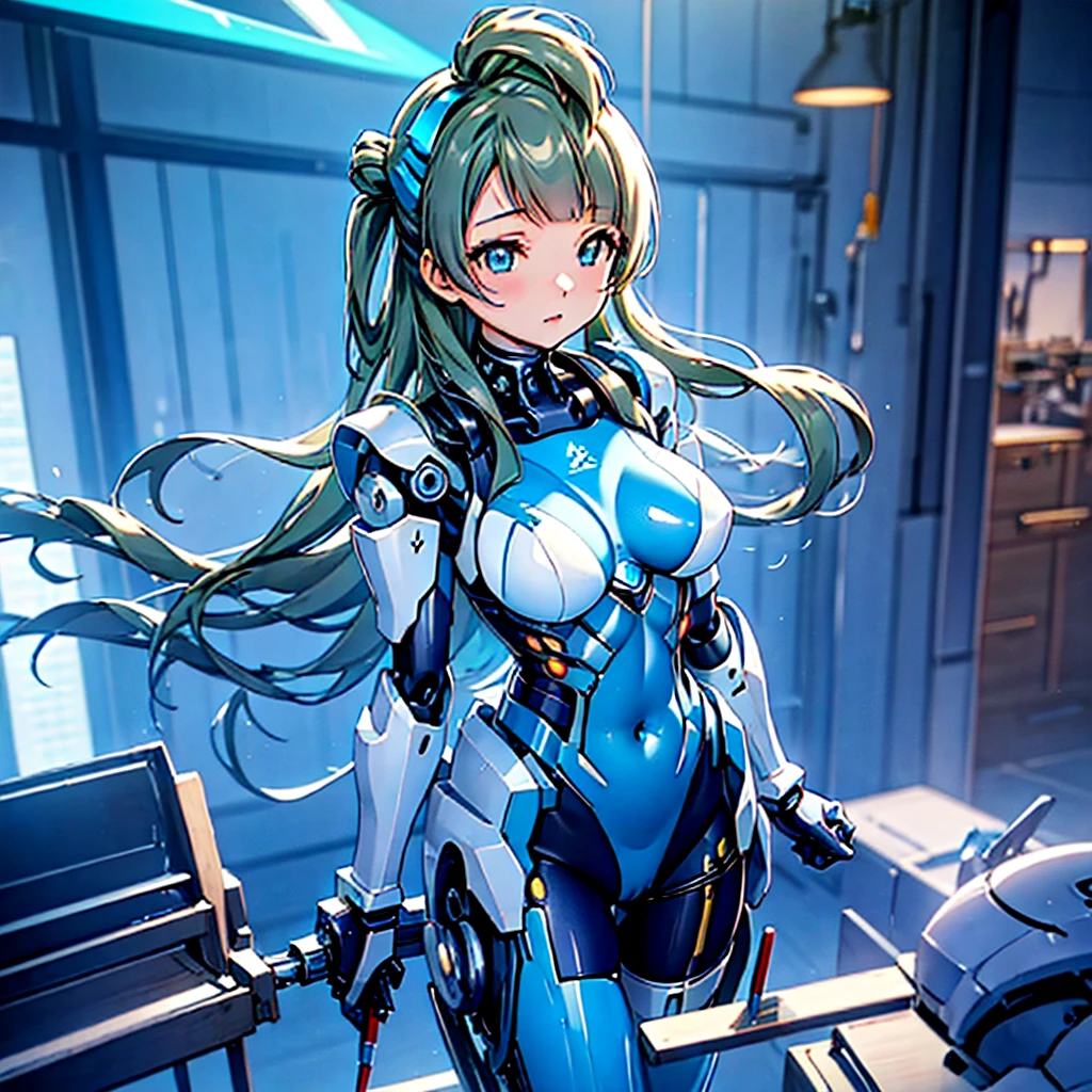 masterpiece, high quality, Inside the Institute of Mechanization、On the operating table during remodeling surgery、Minami Kotori, who has been turned into a mechanical body cyborg、Gynoid cyborg body modification surgery、Blue and white leotard armor、Mechanized body、Single image、from the front,Put the whole body