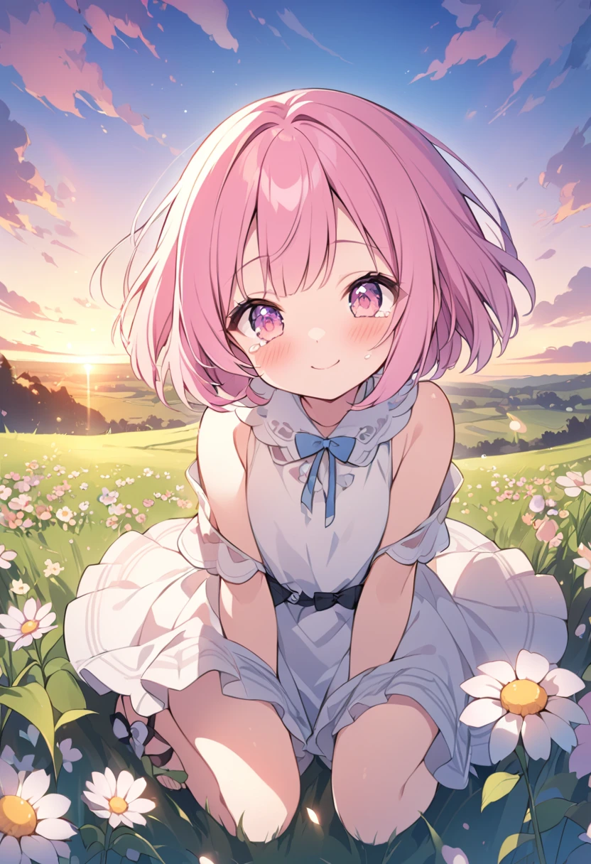 Mini character、、cute、cute、Pink Hair、Short Bob、Pink Eyes、smile、A big smile、Grassland、flower、cry、Tears、Sunset、evening