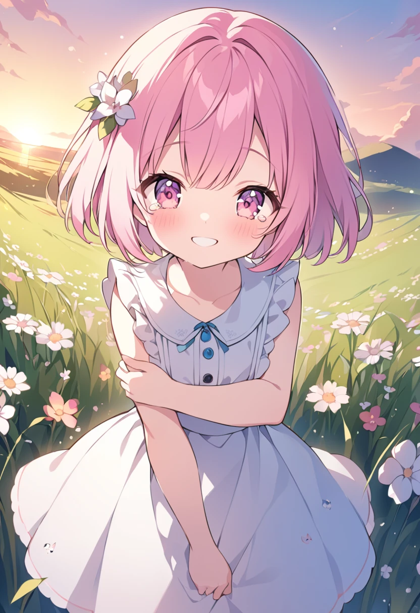 Mini character、、cute、cute、Pink Hair、Short Bob、Pink Eyes、smile、A big smile、Grassland、flower、cry、Tears、Sunset、evening