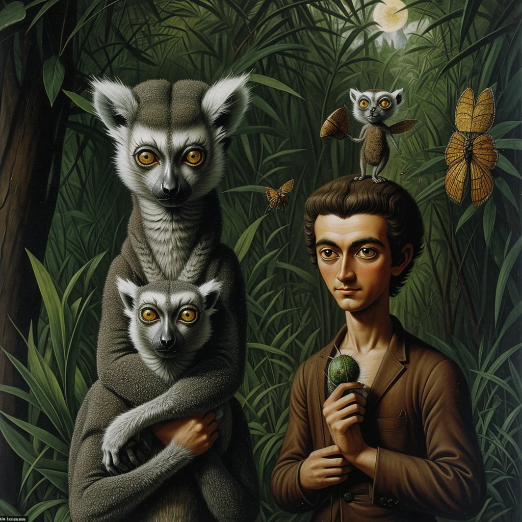 A strange lemur with a large head and huge green eyes: his body is small compared to his head, in his hands he is holding insects. In the Remedios Varo pictorial style. 