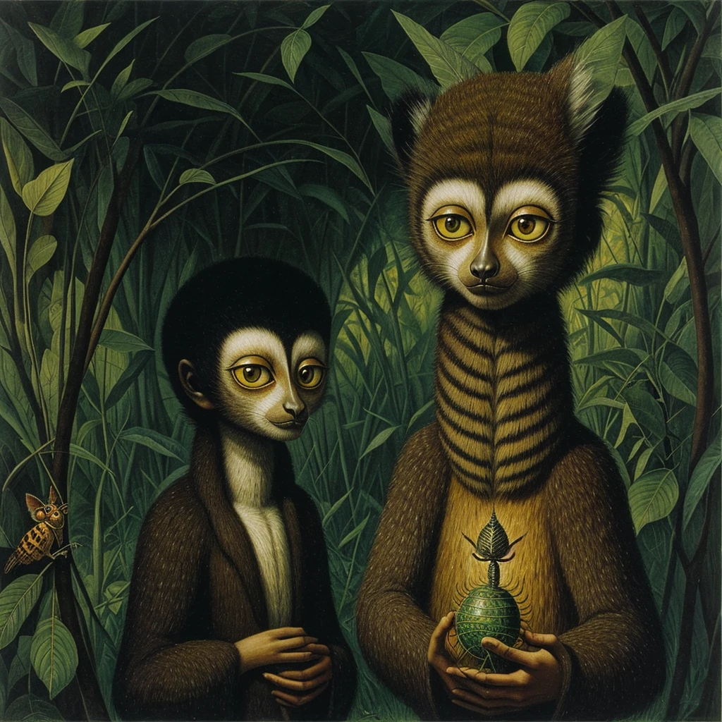 A strange lemur with a large head and huge green eyes: his body is small compared to his head, in his hands he is holding insects. In the Remedios Varo pictorial style.