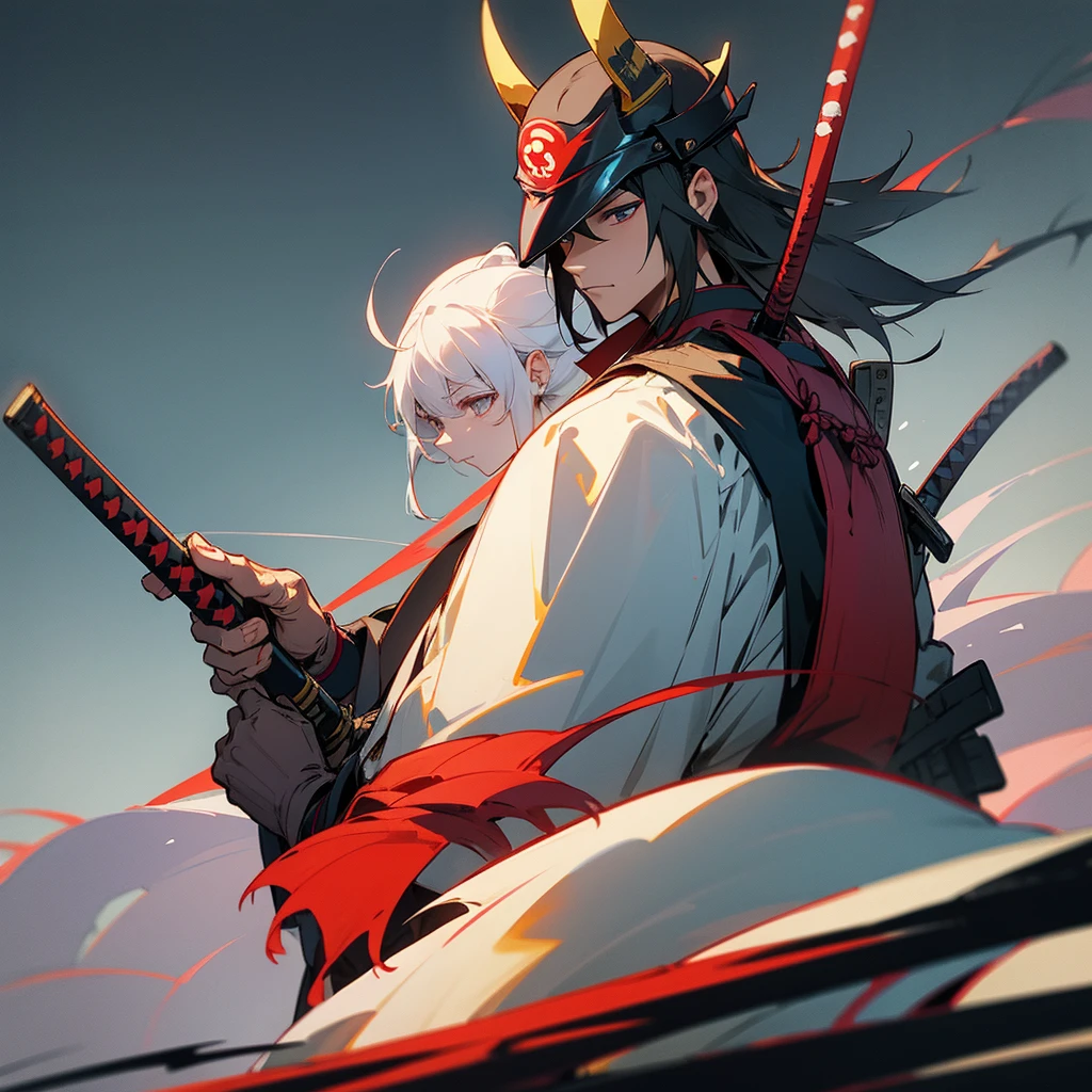 "A highly detailed samurai warrior, dressed in full traditional armor, including an imposing kabuto helmet that completely conceals their face in shadow. The samurai stands tall and resolute, one hand gripping the hilt of their razor-sharp katana, the other hand holding a set of mahjong tiles and a riichi stick. The background depicts a misty, mountainous Japanese landscape, with pagodas and cherry blossom trees in the distant."