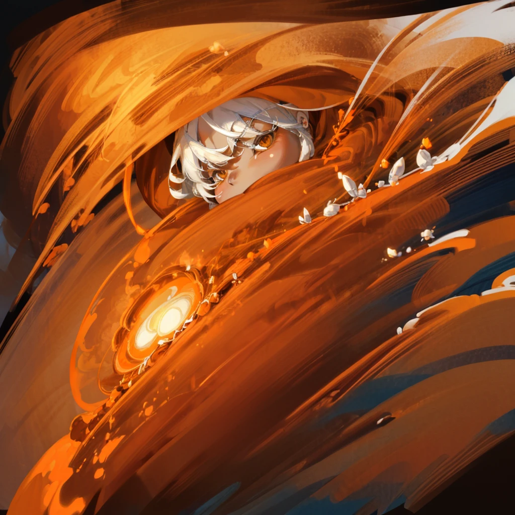 a 10 year old boy with fluffy white hair,orange wizard cloak,orange wizard hat,white tie,cute happy face,beautiful detailed eyes,beautiful detailed That has the power of the sun that has the magic of the galaxies that has a star on its orange staff at the tip