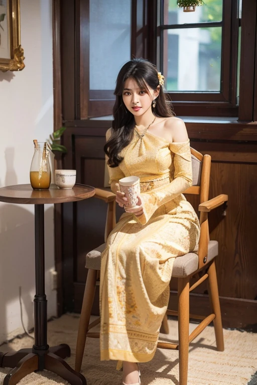 MMTD Burmese patterned traditional dress lady full body details, nice face, fair skin, traditional royal white dress, wearing Parel necklaces, traditional hair style, long scarf on shoulder, sitting on traditional style golden chair look like throne, traditional water jar , cup on tray on a classic table nearby, best composition, full view covered shot, cenimatic lightning and ultra realistic details, octane rendering, sharp focus, unreal engine,32k hd resolution, masterpiece of photography, prize winning award level picture, perfect anatomy