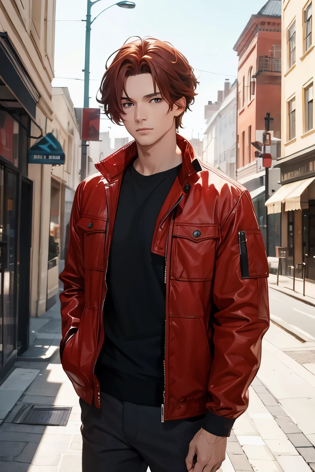 a man with brown red hair, red eyes, wearing normal clothes, detailed face and body, (best quality,4k,8k,highres,masterpiece:1.2),