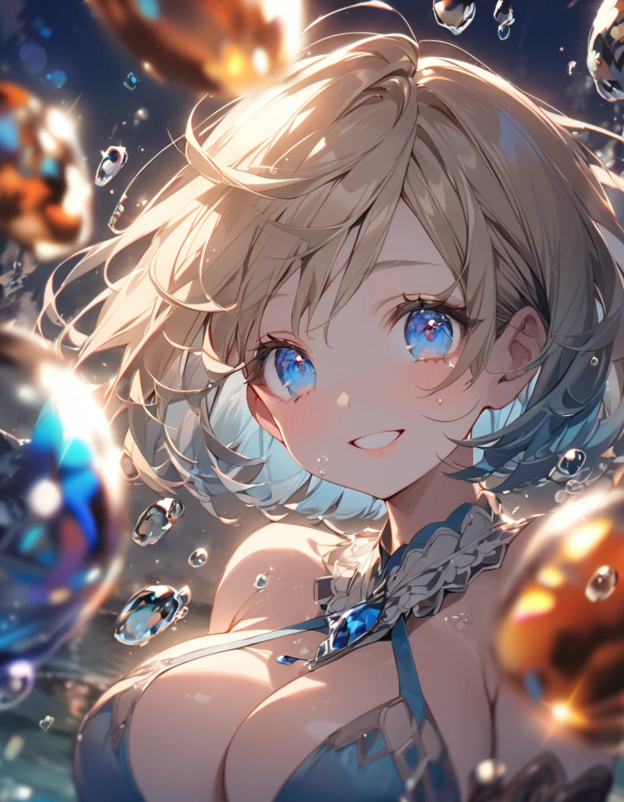 A cute girl in a swimsuit(original bikini swimsuit)(Small body) (:1.5), (blonde:1.5)(eyelash:1.2)(eye shadow:1.3) (Blue eyes:1.5), (Beautiful fine details:1.4) (Short Bob Hair:1.4), (Blue eyes)(Big Breasts:1.3) (White skin:1.2)Height: 130cm, original character, Fantasy, View Viewer Art: (A girl with beautiful deep eyes. The depth of field in the photo is perfect、Lens flares create a nice atmosphere. The details of her face really stand out, This photo definitely gets a 10 or more.. background, There is a beautiful sea with crystal clear water and water droplets floating on the surface. Laughing happily
