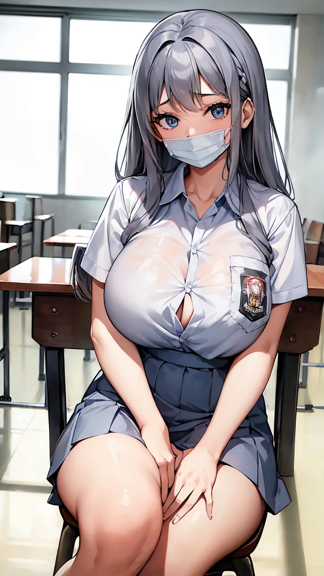 1 woman, , (long curls, grey hair), scared face expression, plump body, blue eyes, Indonesian high-school uniform, (wearing transparent white shirt, showing bra), osis logo on shirt pocket, huge XL breasts, light-grey pleated skirt, sitting on a chair, seductive pose, full body shot, smiling, in the classroom, wearing a mask (white surgical mask, surgical mask fit his face:1.2).