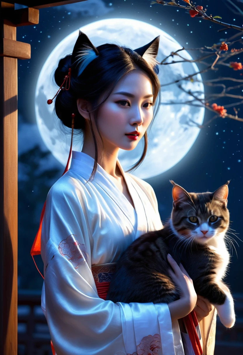 Apparition ，Girl, Cat ear, Beautiful oriental woman, Moonlit Night Background , Realistic Women, lovely
