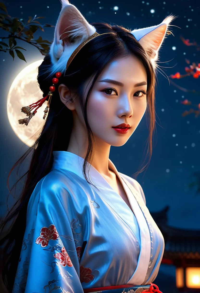 Apparition ，Girl, Cat ear, Beautiful oriental woman, Moonlit Night Background , Realistic Women, lovely
