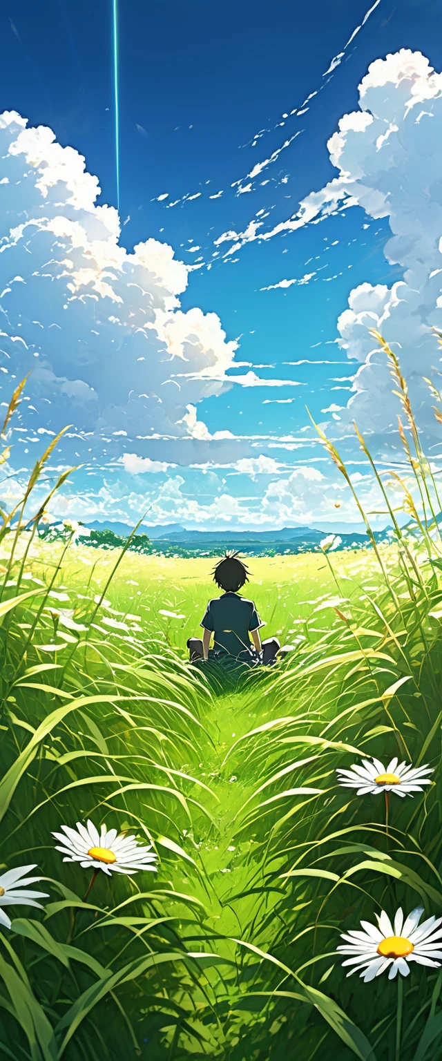 Anime landscape of a boy sitting in a field with tall grass and daisy flowers watching a void with white clouds, colorful anime scene, a beautiful anime peace scene, Makoto Shinkai Cyril Rolando, a beautiful anime scene, a background of amazing screen, an anime art wallpaper 8k, anime background, anime art background, anime wallpaper 4k, anime art 4k wallpaper, anime art 4k wallpaper,