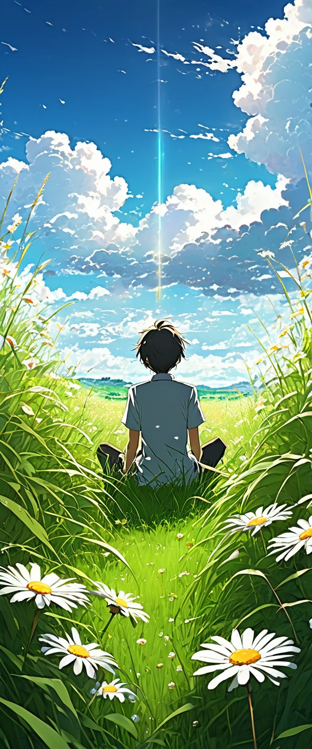 Anime landscape of a boy sitting in a field with tall grass and daisy flowers watching a void with white clouds, colorful anime scene, a beautiful anime peace scene, Makoto Shinkai Cyril Rolando, a beautiful anime scene, a background of amazing screen, an anime art wallpaper 8k, anime background, anime art background, anime wallpaper 4k, anime art 4k wallpaper, anime art 4k wallpaper,