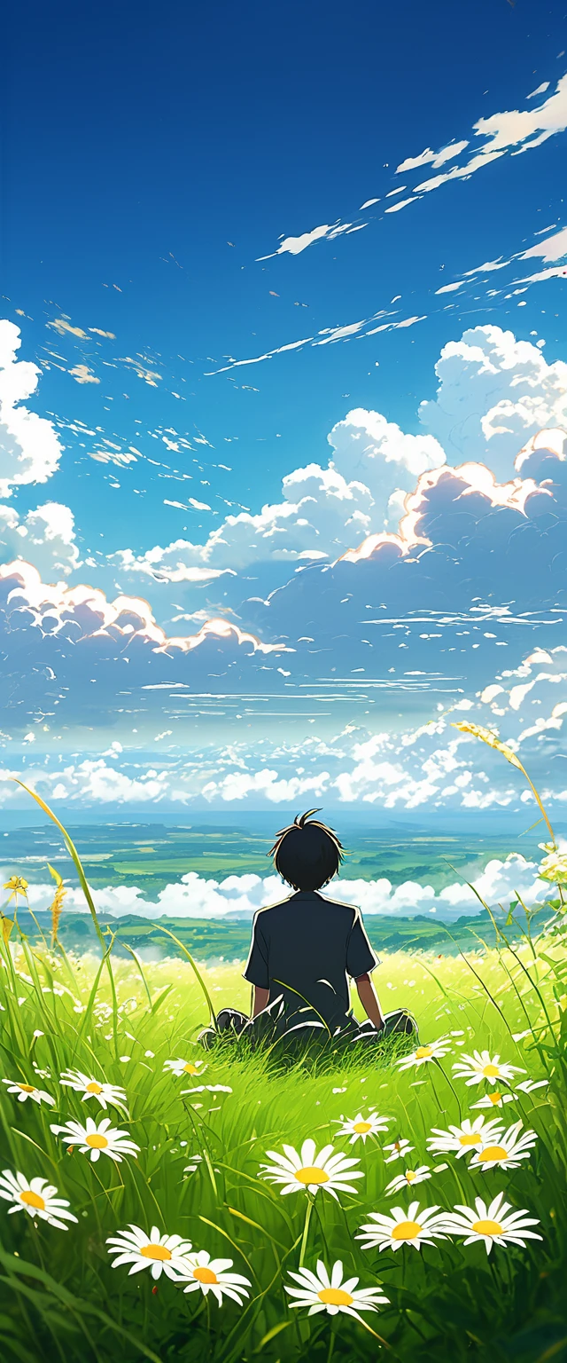 Anime landscape of a boy sitting in a field with tall grass and daisy flowers watching a void with white clouds, colorful anime scene, a beautiful anime peace scene, Makoto Shinkai Cyril Rolando, a beautiful anime scene, a background of amazing screen, an anime art wallpaper 8k, anime background, anime art background, anime wallpaper 4k, anime art 4k wallpaper, anime art 4k wallpaper,