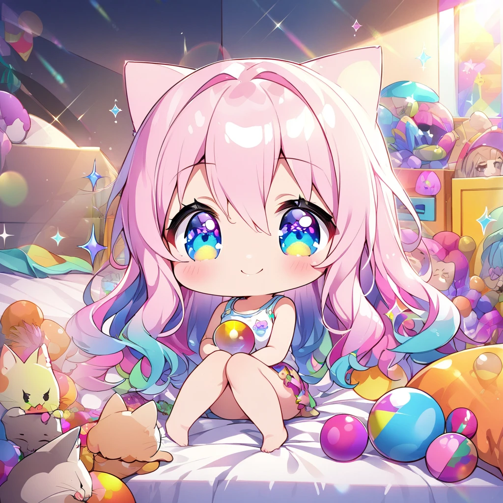 masterpiece, best quality, 4k、2D illustration、one beautiful girl、solo、(((chibi style)))、((vivid colors))、cute chibi、lovely chibi、long beautiful hair, glossy light pink hair, hair between eyes, cute、beautifully detailed eyes、((tank top))、((miniskirt))、((colorful))、((happy smile))、sitting on bed、((full body shot))、((kitten)), ((lots of colorful stuff around))、((bed))、sparkle、((lens flare))、