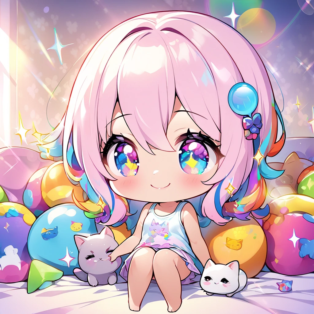 masterpiece, best quality, 4k、2D illustration、one beautiful girl、solo、(((chibi style)))、((vivid colors))、cute chibi、lovely chibi、long beautiful hair, glossy light pink hair, hair between eyes, cute、beautifully detailed eyes、((tank top))、((miniskirt))、((colorful))、((happy smile))、sitting on bed、((full body shot))、((kitten)), ((lots of colorful stuff around))、((bed))、sparkle、((lens flare))、