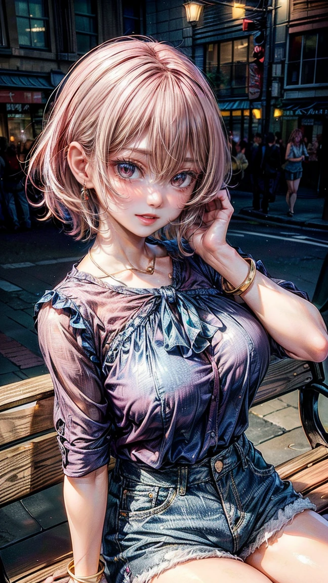 (Masterpiece, BestQuality:1.3), (ultra detailed:1.2), (hyperrealistic:1.3), (RAW photo:1.2), High detail RAW color photo, professional photograph, (Photorealistic:1.4), (realistic:1.4), professional lighting, perfect anatomy, (Big Breasts:1.2), (blush, detailed face), (cheerful Smile:1.5), (Pink Hair:1.5), Trending Hair&Trending Hairカラーをランダムに, earrings, necklace, bracelet, sexly, erotic sexly, Random sexy gravure poses, (Beautiful woman wearing a blue chiffon blouse and denim shorts、Stylish smiles in the city、Wooden Bracelet、Pose sitting on a bench in the city。: 1.3)