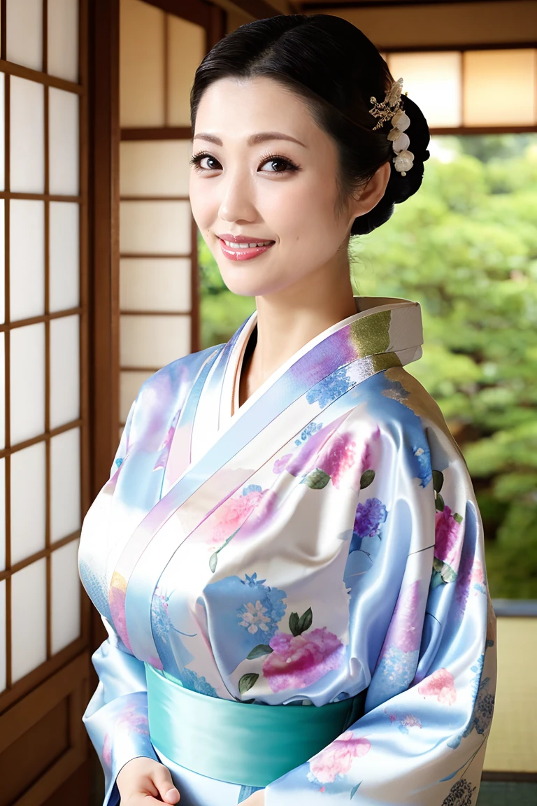 (Highest quality、Tabletop、8K、Best image quality、Award-winning works)、(One beautiful mature woman:1.1)、Adult face、(Innkeeper:1.1)、(A top-quality white kimono with an elegant floral pattern:1.2)、(A kimono with a perfect and precise collar:1.2)、Perfect mature woman portrait photo、Glowing Skin、Standing Elegantly、(Blurred elegant and exquisite perfect Japanese style room background:1.3)、(The most natural and perfect beautiful Japanese garden background:1.2)、(Strongly blurred background:1.2)、Glowing Skin、Very beautiful skin、(Accentuate your body lines:1.1)、(The most graceful posture:1.2)、(Large Breasts:1.2)、A perfect smile、Perfect beautiful glossy lips、(Accurate anatomy:1.2)、(A perfect and elegant outfit:1.1)、(Standing with good posture:1.1)、(Beautiful, elegant and top-quality patterned kimono:1.2)、、(Perfect and natural beautiful sleeves:1.2)、(A perfect and natural beautiful collar:1.2)、(Perfect and natural beautiful sleeves:1.2)、(An elegant and high-quality patterned kimono obi:1.4)、(A perfect and natural beautiful kimono obi:1.1)、(Chignon:1.2)、(Photo above the chest:1.4)
