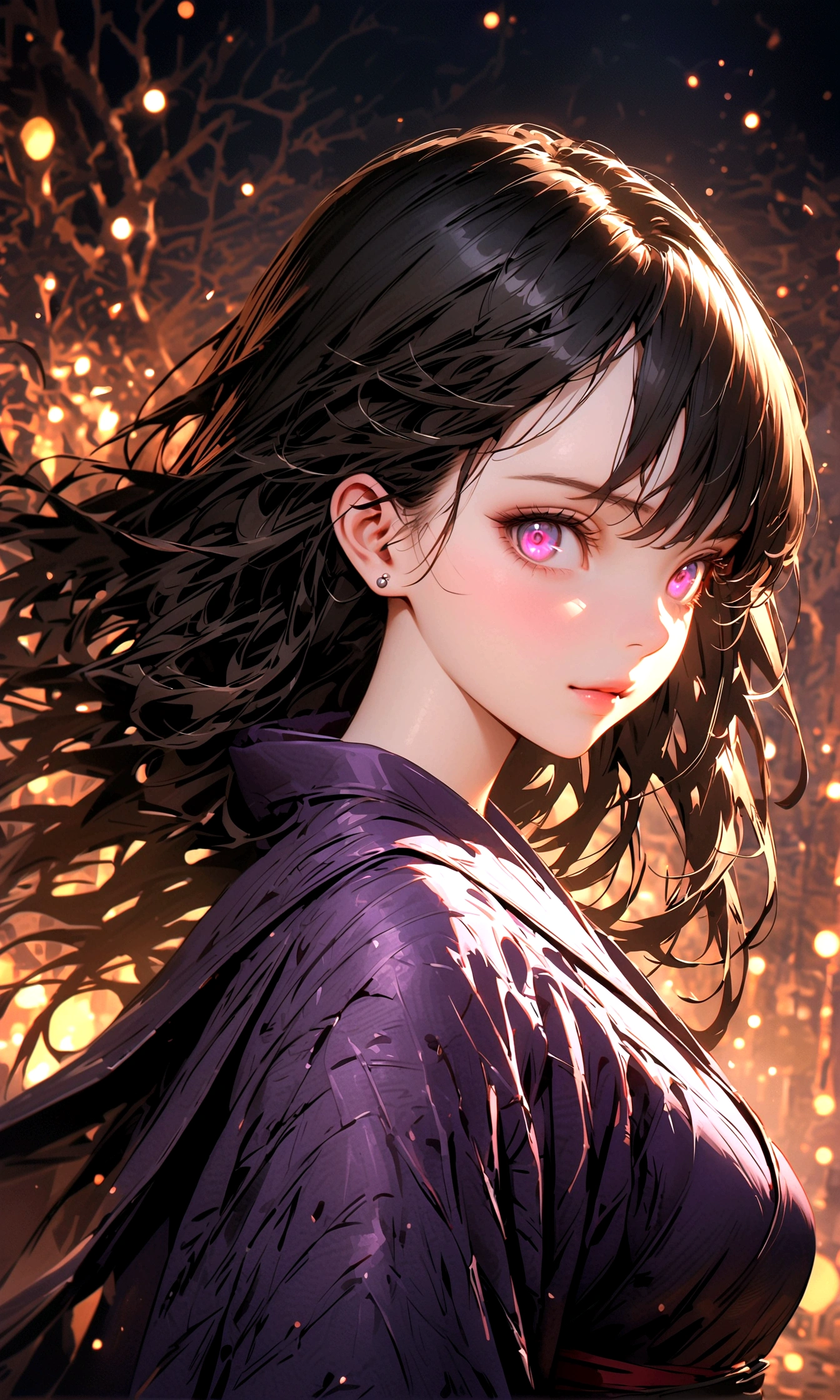 female (mage, age of 29, long hair, black hair, floating hair, dark colored eyes, black and purple robes, pale skin, mysterious face, piercing eyes) is invoking shadows), (shadows swirling around), beautiful dark forest scene, twisted trees and eerie atmosphere, summery twilight glow, (mist and dark particles floating in the air, creating a haunting effect), the noonday moon and stars visible, female is in a shadowy forest, BREAK, quality ( 4k, wallpaper of extremely detailed CG unit, masterpiece, high resolution, top-quality, top-quality real texture skin, hyper-realistic, increase the resolution, RAW photos, best quality, highly detailed, the wallpaper, cinematic lighting, ray trace, golden ratio), BREAK, Shot( Long shot, wide shot), BREAK, background(blurry)