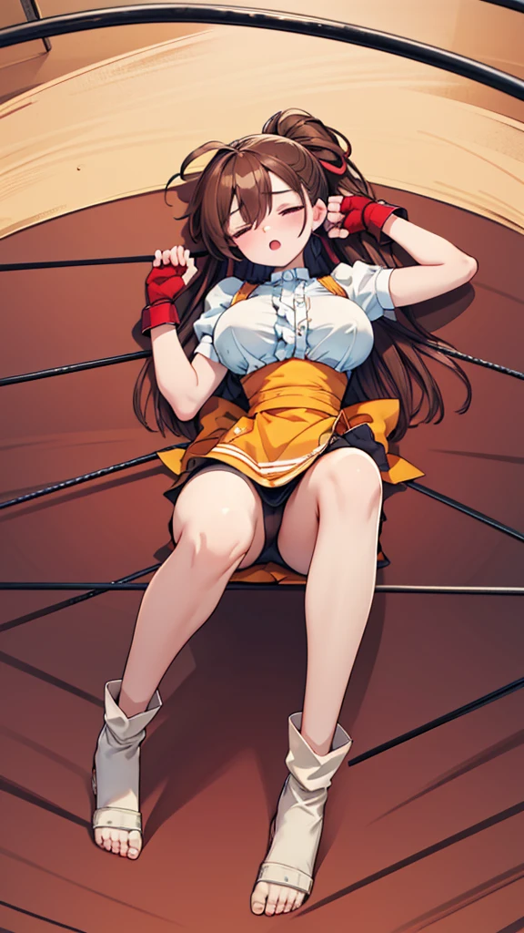Highest quality,masterpiece,Lying down,sleep,(レスリングのリングにLying down, WWE Divas,Wrestling Arena,Wrestling ring background, Boxing ring background), 仰向けにsleep, Lack of stamina, Ryona, Hitting a girl, death is near,タケユカ 超ロングヘア ヘアribbon, Frilled shirt, Underbust, ribbon, Fingerless gloves, White gloves, Waist apron, Orange Skirt, socks, Toeless legwear,winner, Nice, winner, (Moaning , Open your mouth), ((, 仰向けにsleep, 地面にsleep, lose consciousness, Unconscious, )), , ( Tilt your head),