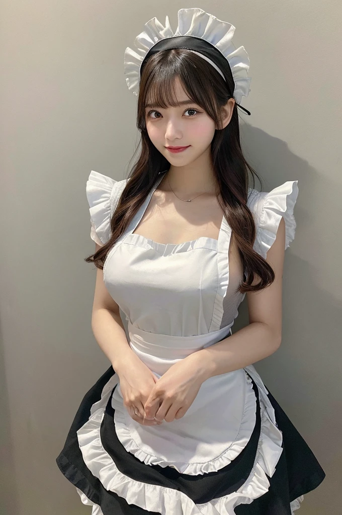 (Highest quality、Tabletop、8K、Best image quality、Award-winning works)、1. pretty girl、(wavy twin tails:1.1)、(Naked and white apron:1.2)、(The perfect pure white apron:1.3)、Perfect girl portrait photo、Glowing Skin、Brown Hair、(Large Breasts:1.3)、(Accentuate your body lines:1.1)、Standing Elegantly、(Face close-up:1.3)、Woman looking up at me、Cute Smile、(The simplest solid white background:1.5)