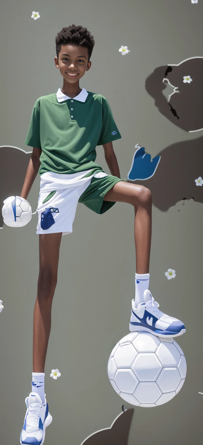  boy，（Wearing white tennis clothes，Wearing green socks），Dark skin，Big round eyes，Very short hair，Tall and skinny，Toothy Smile，Sharpen details，Knee muscle lines，Blue Background，Hold a bouquet of flowers in your hand