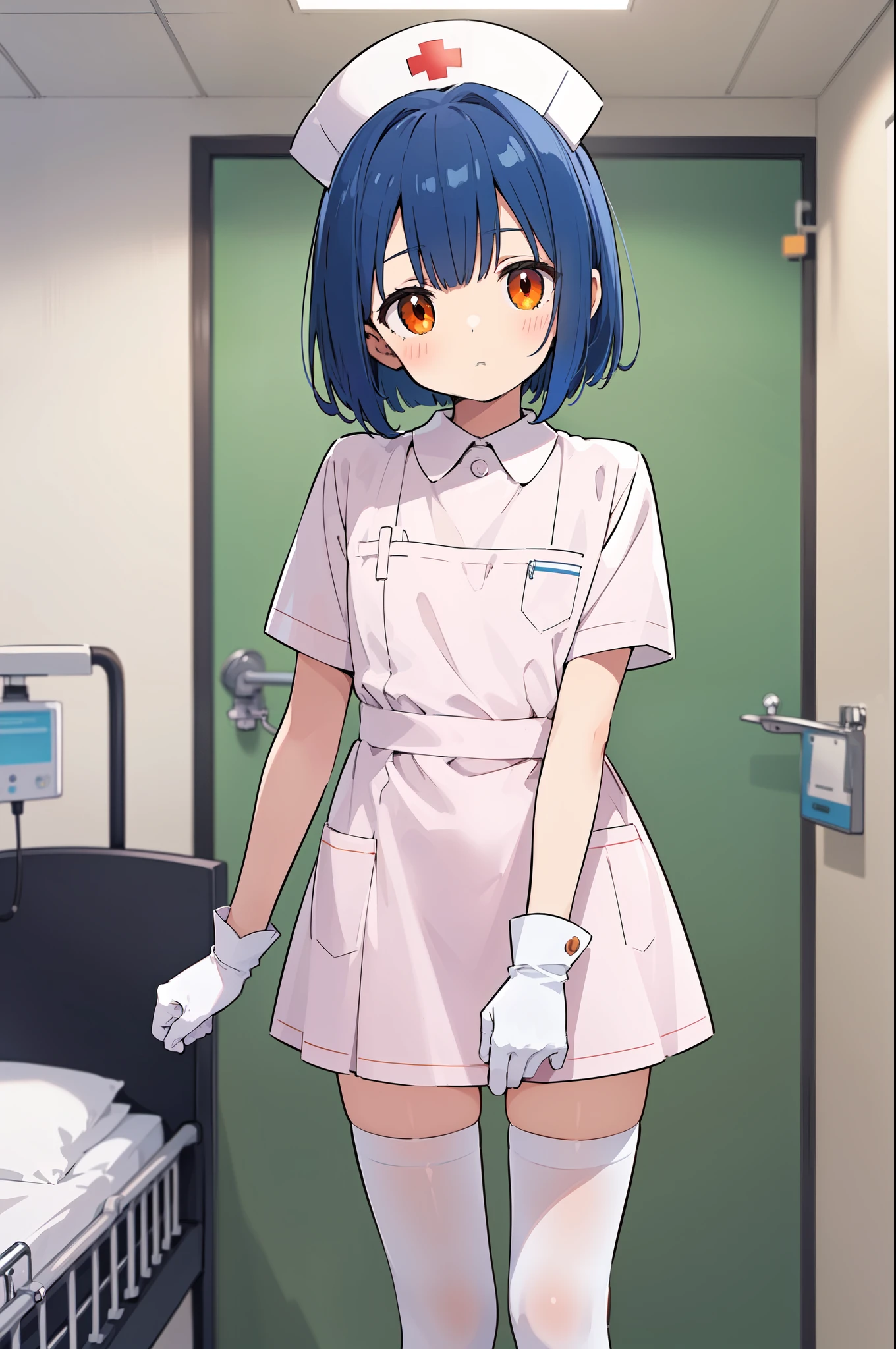 1boy, solo, male focus, nurse, white nurse cap, white nurse uniform, ((white legwear, zettai ryouiki)), white gloves, bobcut, blue hair, orange eyes, no impression, standing, ((hospital room)), sharp outline, short sleeves, shota, ************, best quality, masterpiece