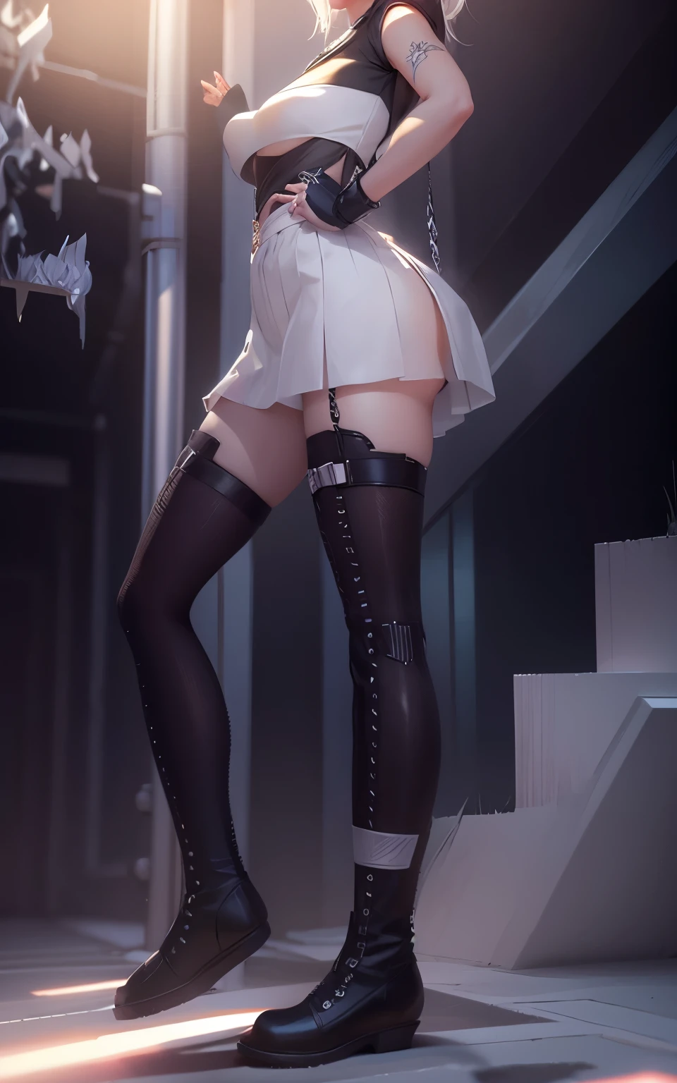 VATAR SECOND LIFE Korean girl wearing black top, Asian, cabelo comprido branco White hair, White hair,, Perfect and detailed face, imvu, maximalist details, AVATAR SECOND LIFE Korean blusa , neon, white skirt, white skirt