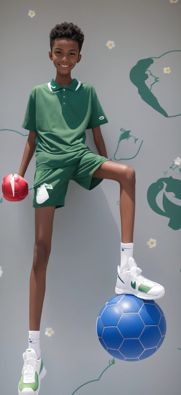 14 year old boy,(Wearing white tennis clothes,Wearing green socks),Dark skin,Big round eyes,Very short hair,Tall and skinny,Toothy Smile,Sharpen details,Knee muscle lines,Blue Background,Hold a bouquet of flowers in your hand