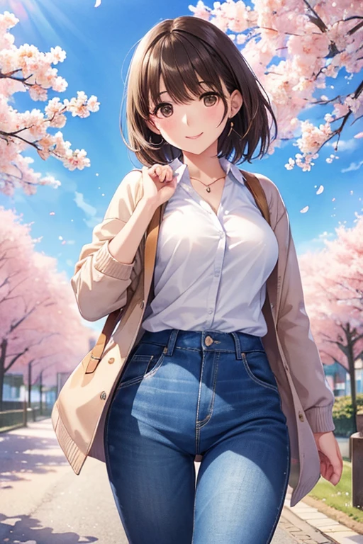 anegasaki nene、(Shiny brown hair, short hair, Beautiful brown eyes、Sparkling eyes, Fine grain)、smile、Ultra-detailed eyes、Very detailedな顔, Very detailedな目,


(high quality, High resolution, Fine details), Realistic,Cowboy Shot、

(masterpiece),(最high quality:1.2),(Very detailed:1.2),(High resolution),(((watercolor))),8K,A woman walking along a row of cherry blossom trees,Beautiful cherry blossoms blooming all over the place,透明watercolor,(smile)、Pink Cardigan、White shirt、Denim pants