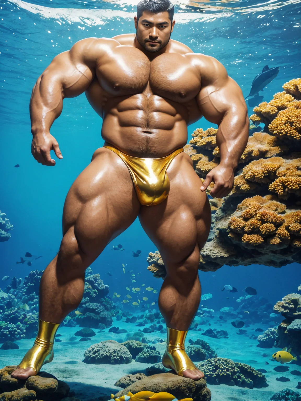 There is only one handsome Asian actor in the photo,35 years old,High target, Fitness,short hair, O-Shaped Beard,Perfect body, Dark skin color,Radiant Skin,Smooth skin,Shiny, shiny skin,Smooth pectoral muscles,No chest hair,No body hair,Muscle bulge, muscular, Very large pectoral muscles,Very sexy abdominal muscles,Very well-developed leg muscles,Huge concave and convex area,Brightens oily skin,Wearing a shiny gold leather thong,Handsome face,Wear shiny gold leather socks,Correct and accurate male body proportions, standing under the sea,There are colorful corals around。