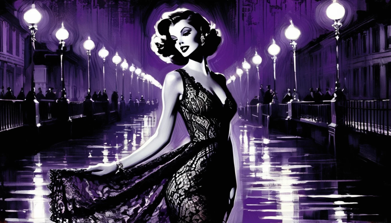 the sexy girl, night, lace dress black and white and purple, style 30s, image( art inspired by Bill Sienkiewicz, oil painting) красивая стройная худая фигура, большая грудь, эротическая поза, сексуальная, каблуки, чулки, красивое бельё, секси поза, выгнулась, огни города