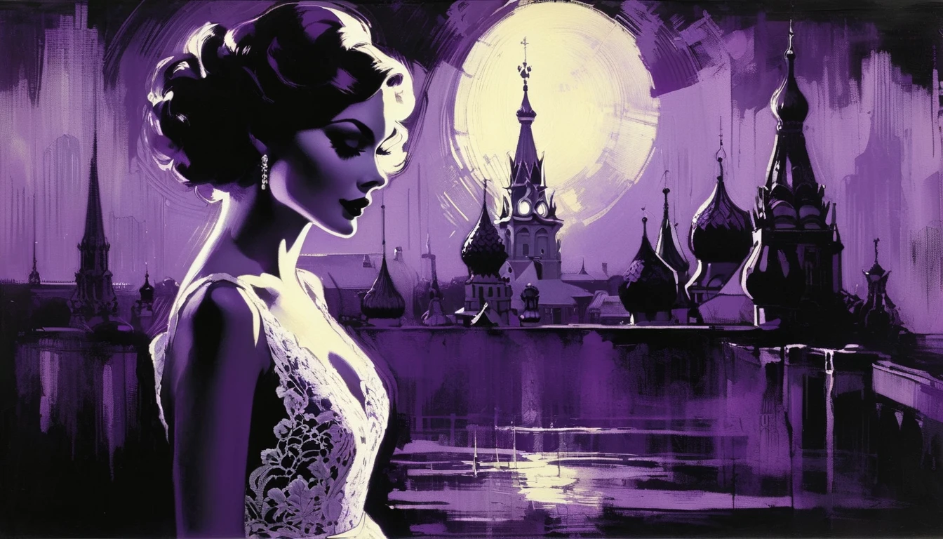the sexy girl, night, lace dress black and white and purple, style 30s, image( art inspired by Bill Sienkiewicz, oil painting) красивая стройная худая фигура, большая грудь, эротическая поза, сексуальная, каблуки, чулки, красивое бельё, секси поза, выгнулась, огни города
