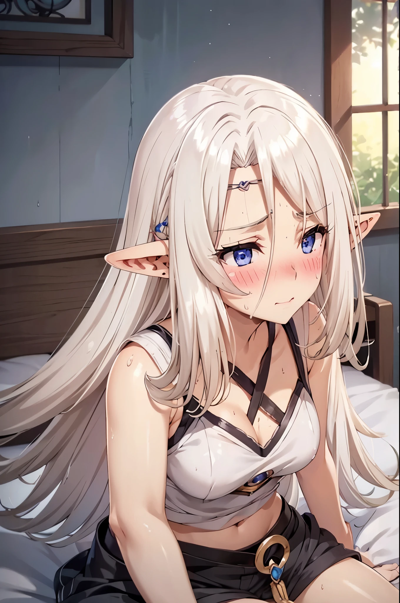 platinum hair,,long hair,blue eyes,pointy ears,elf,tall,((top tank,shorts)),(((blush,sensual,tempting))),blush,wet,sweat,on the bed,
