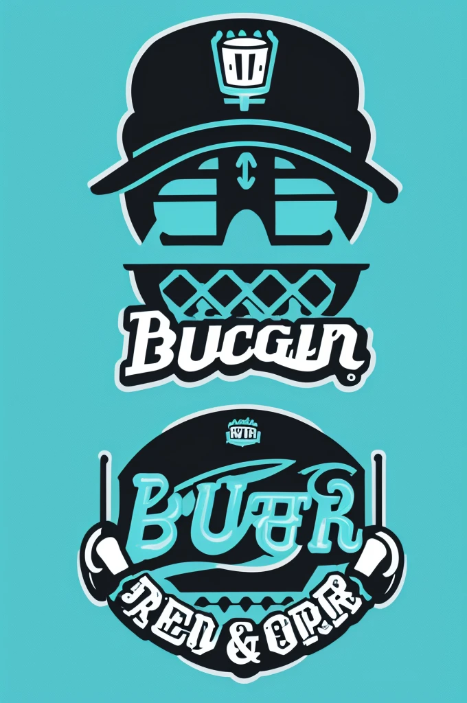Logo for burger restaurant, Trap culture themed, with cyan and black colors, being the name of the logo " Trap Burger "