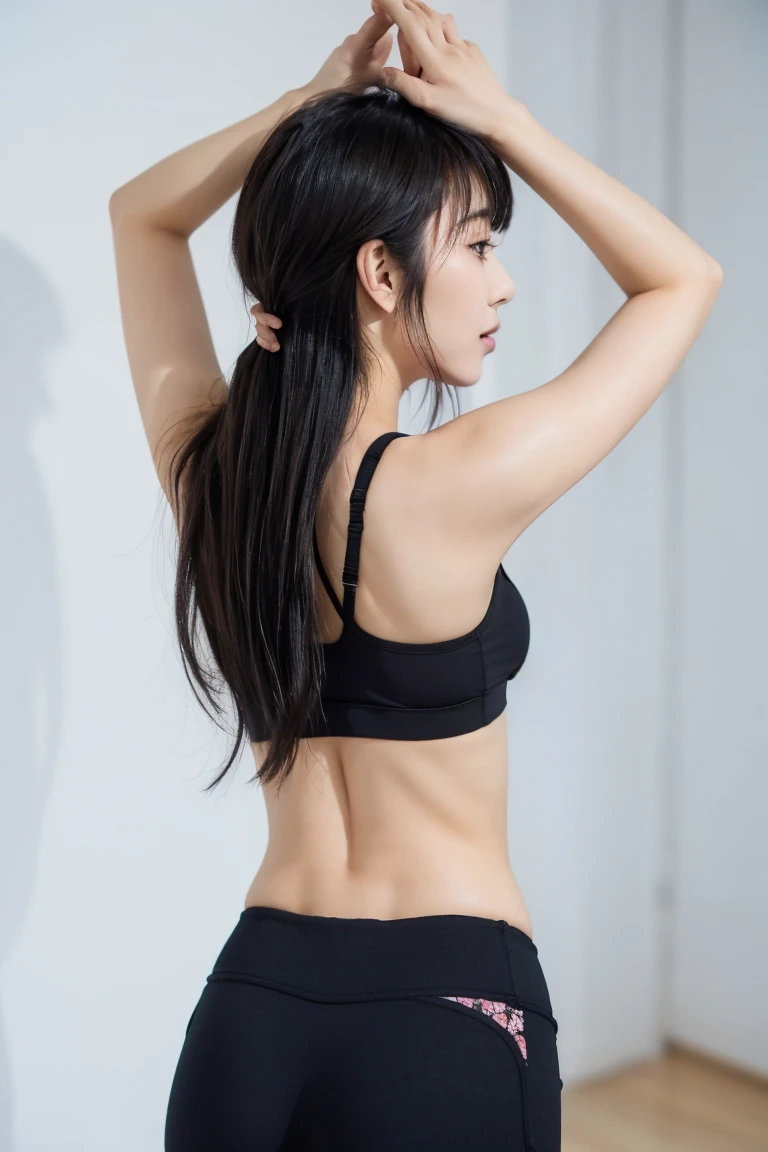 (1 from the back.5) ((Rear View)) Young asian woman doing yoga poses "Extended Dog"Black floral yoga pants,bra,Muslim prayer pose,