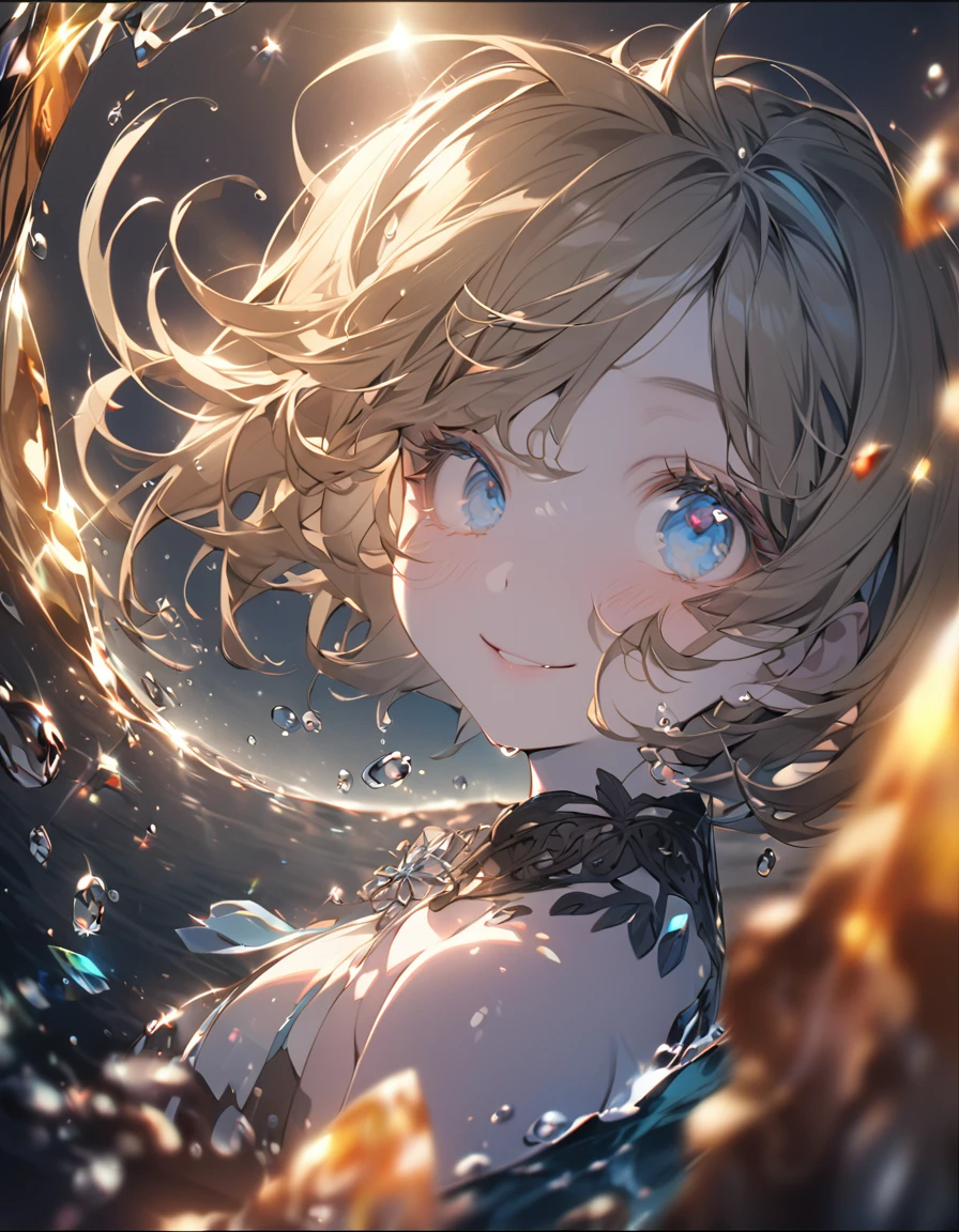 A cute girl in a swimsuit(original bikini swimsuit)(Small body) (Little Girl:1.5), (blonde:1.5)(eyelash:1.2)(eye shadow:1.3) (Blue eyes:1.5), (Beautiful fine details:1.4) (Short Bob Hair:1.4), (Blue eyes)(Big Breasts:1.3) (White skin:1.2)Height: 130cm, original character, Fantasy, View Viewer Art: (A girl with beautiful deep eyes. The depth of field in the photo is perfect、Lens flares create a nice atmosphere. The details of her face really stand out, This photo definitely gets a 10 or more.. background, There is a beautiful sea with crystal clear water and water droplets floating on the surface. Laughing happily