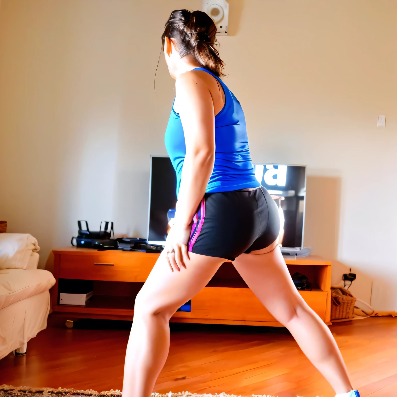 there is a woman in a blue shirt and black shorts doing a squat, back - shot, long shot from back, rear-shot, lunging at camera :4, long shot from the back, from back, back shot, backshot, squatting pose, medium shot taken from behind, back pose, side shot, back arched, bent over posture