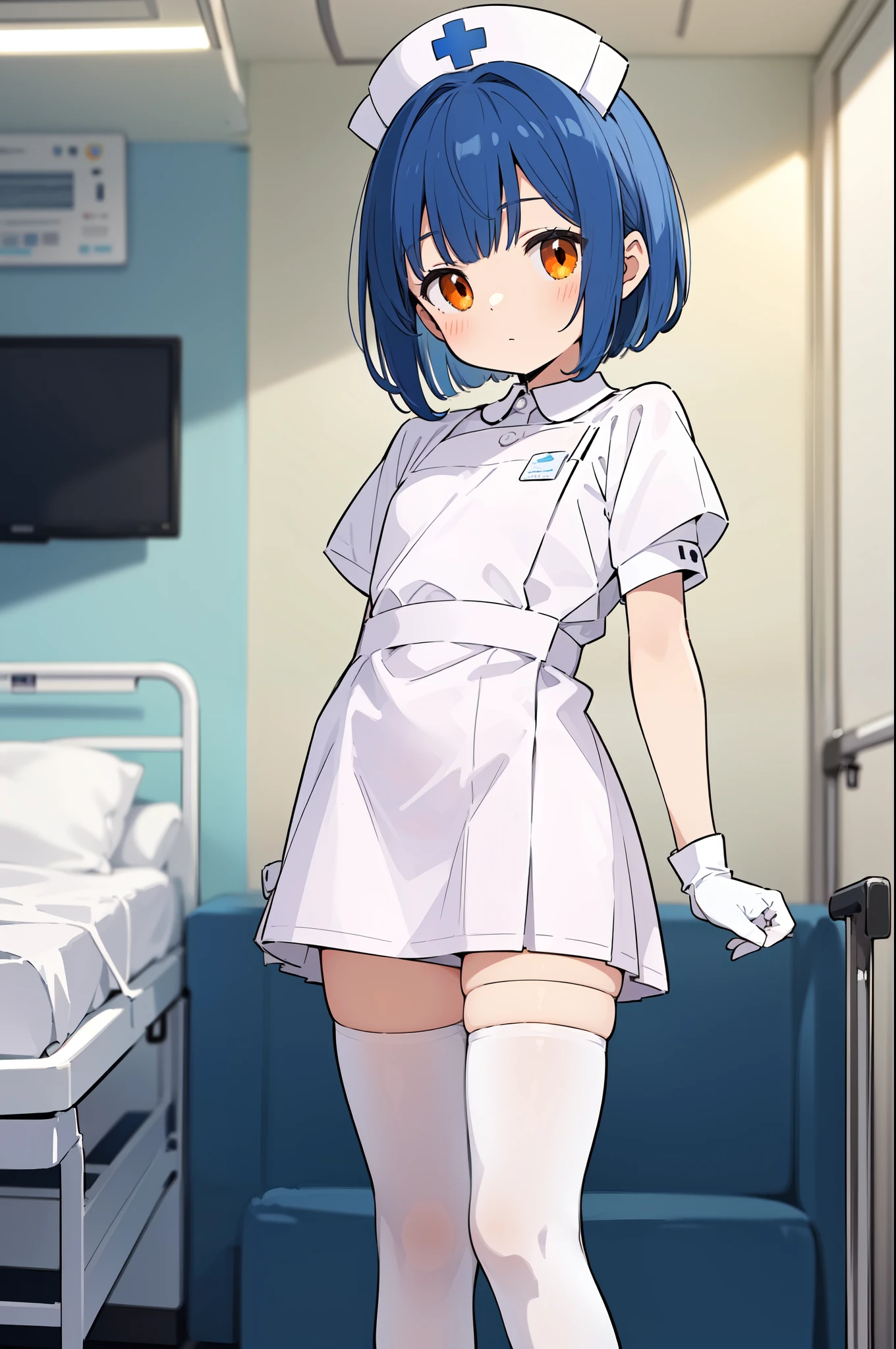 1boy, solo, male focus, nurse, white nurse cap, white nurse uniform, ((white legwear, zettai ryouiki)), white gloves, bobcut, blue hair, orange eyes, no impression, standing, ((hospital room)), sharp outline, short sleeves, shota, 12 years old, best quality, masterpiece
