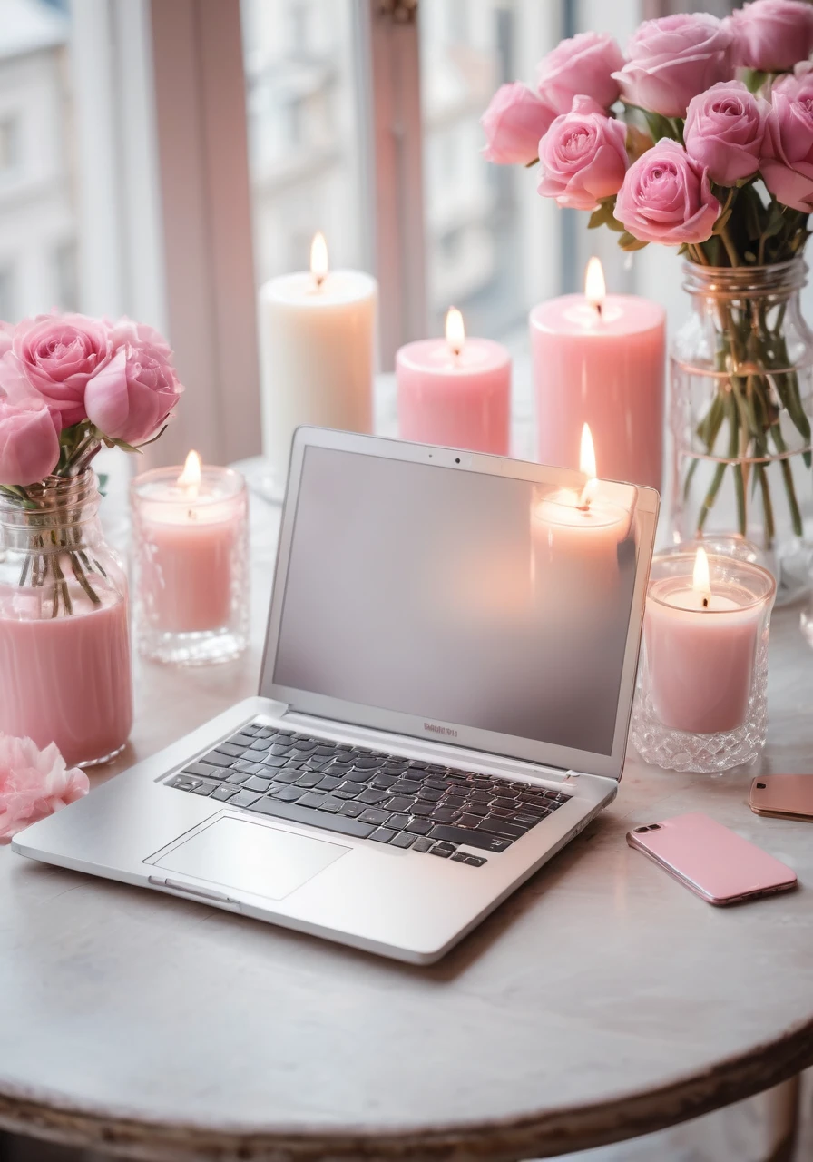 high quality,Official Art,Laptop,Instagram style,On the table,Fashionable Cafe,Candles,pale pink,Grayish pale pink,Sense of luxury,Postcard style,Shabby chic,Transparency,Light,Background Blur,