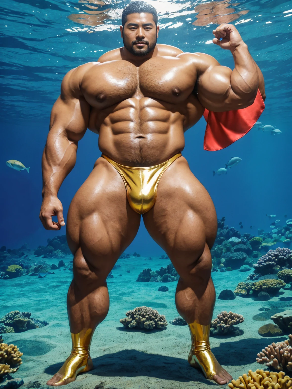 There is only one handsome Asian actor in the photo,35 years old,High target, Fitness,short hair, O-Shaped Beard,Perfect body, Dark skin color,Radiant Skin,Smooth skin,Shiny, shiny skin,Smooth pectoral muscles,No chest hair,No body hair,Muscle bulge, muscular, Very large pectoral muscles,Very sexy abdominal muscles,Very well-developed leg muscles,Huge concave and convex area,Brightens oily skin,Wearing a shiny gold leather thong,Handsome face,Wear shiny gold leather socks,Correct and accurate male body proportions, standing under the sea,There are colorful corals around。