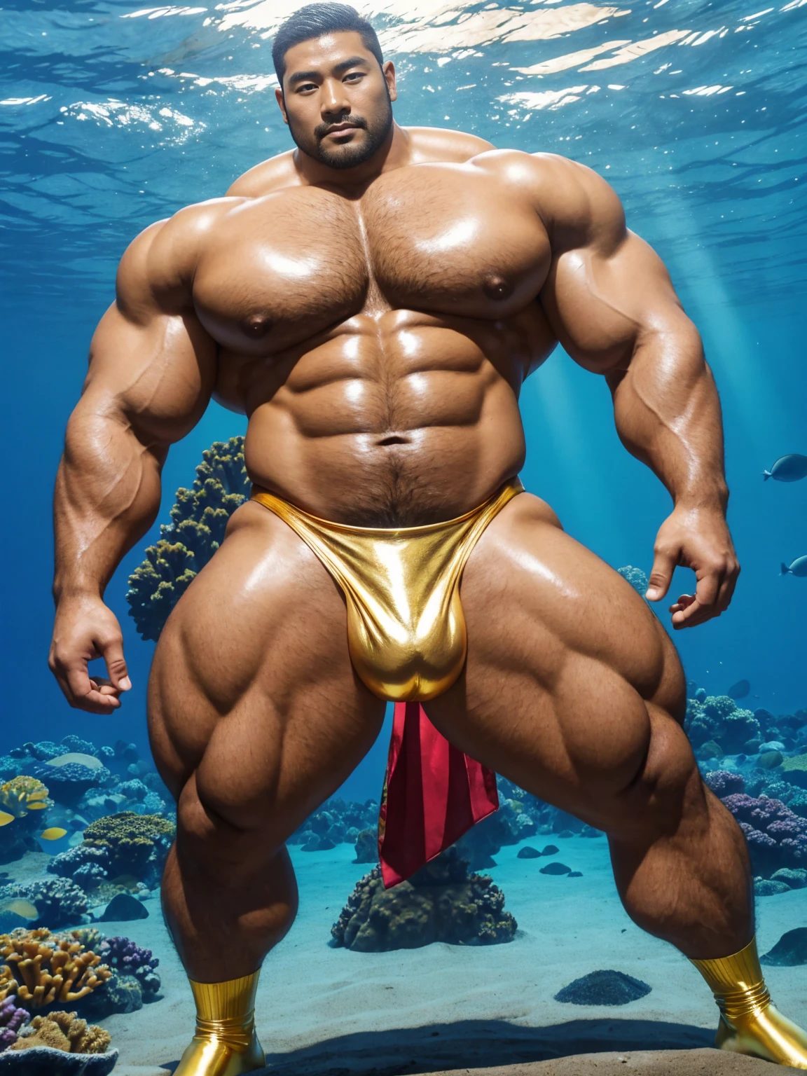 There is only one handsome Asian actor in the photo,35 years old,High target, Fitness,short hair, O-Shaped Beard,Perfect body, Dark skin color,Radiant Skin,Smooth skin,Shiny, shiny skin,Smooth pectoral muscles,No chest hair,No body hair,Muscle bulge, muscular, Very large pectoral muscles,Very sexy abdominal muscles,Very well-developed leg muscles,Huge concave and convex area,Brightens oily skin,Wearing a shiny gold leather thong,Handsome face,Wear shiny gold leather socks,Correct and accurate male body proportions, standing under the sea,There are colorful corals around。